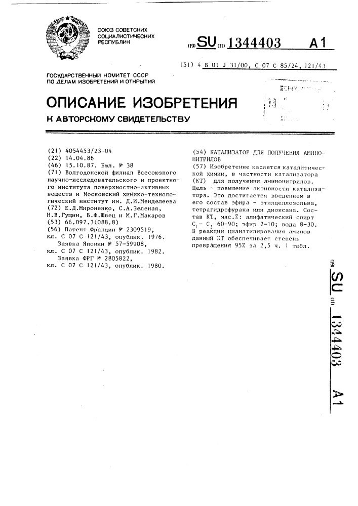 Катализатор для получения аминонитрилов (патент 1344403)