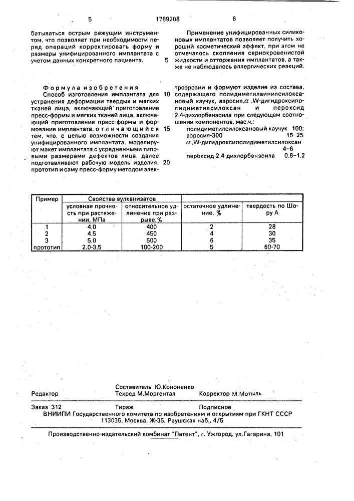 Способ изготовления имплантата для устранения деформации твердых и мягких тканей лица (патент 1789208)