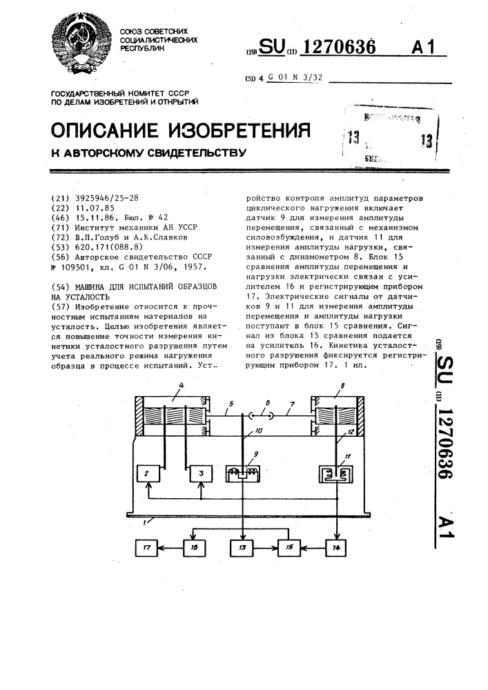 Машина для испытаний образцов на усталость (патент 1270636)