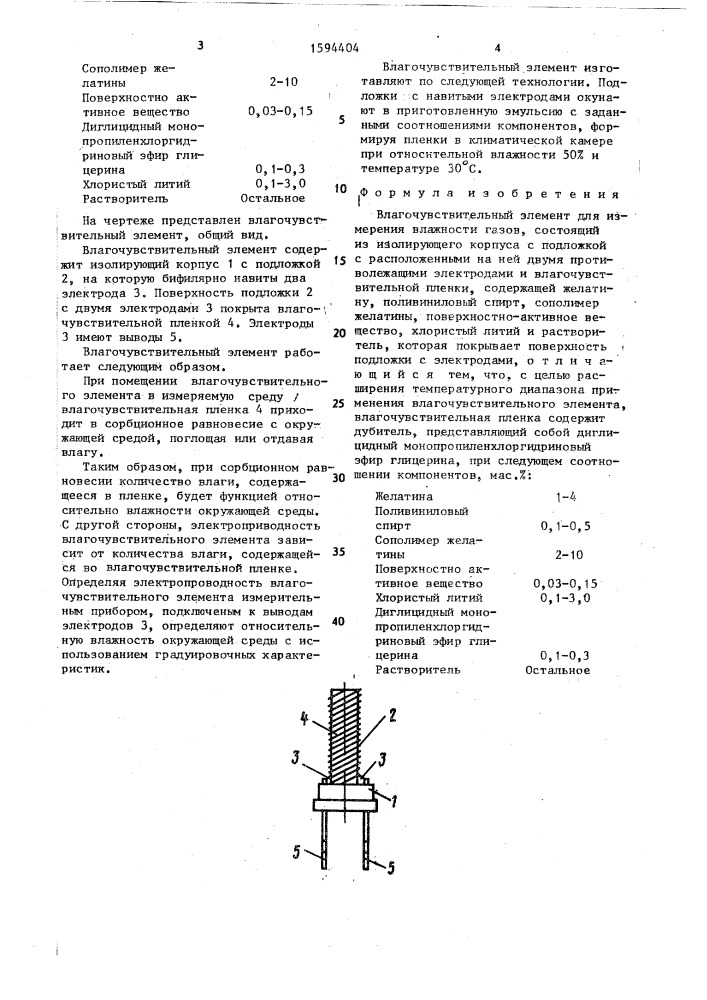 Влагочувствительный элемент для измерения влажности газов (патент 1594404)