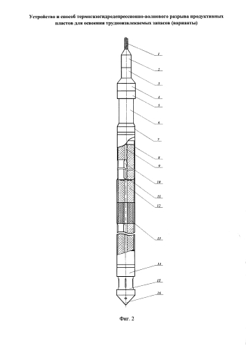 Устройство и способ термогазогидродепрессионно-волнового разрыва продуктивных пластов для освоения трудно извлекаемых запасов (варианты) (патент 2592910)