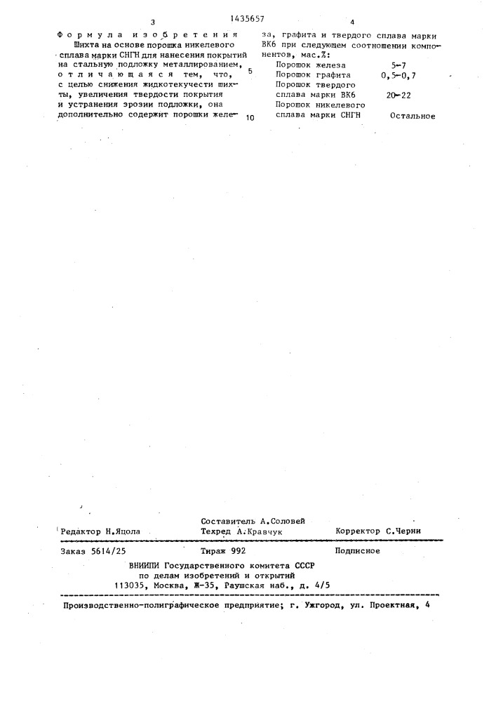 Шихта на основе порошка никелевого сплава марки снгн (патент 1435657)