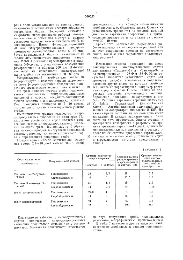 Способ диагностирования устойчивости сортообразцов хлопчатника к вилту ( ) (патент 506623)