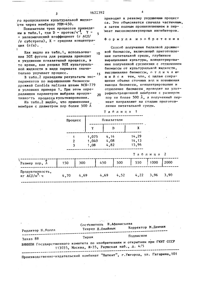 Способ получения белковой дрожжевой биомассы (патент 1622392)