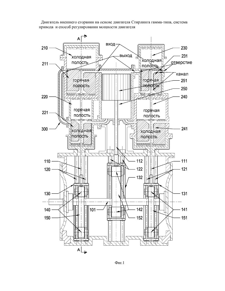 Двигатель внешнего сгорания на основе двигателя стирлинга гамма-типа, система привода и способ регулирования мощности двигателя (патент 2649523)