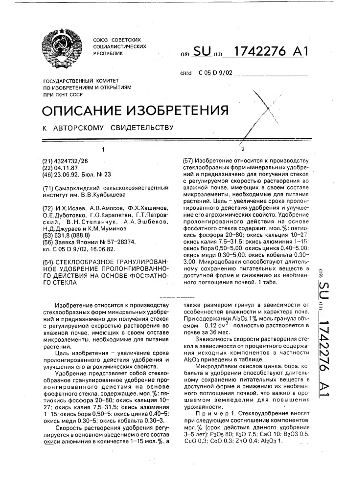 Стеклообразное гранулированное удобрение пролонгированного действия на основе фосфатного стекла (патент 1742276)