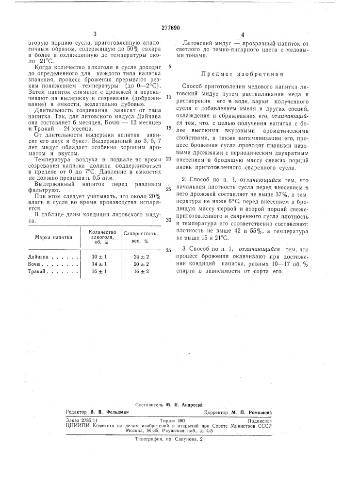 Способ приготовления медового папитка литовский мидус (патент 277690)