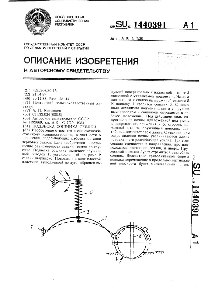 Подвеска сошника сеялки (патент 1440391)