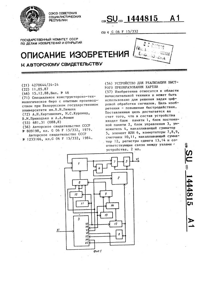Устройство для реализации быстрого преобразования хартли (патент 1444815)
