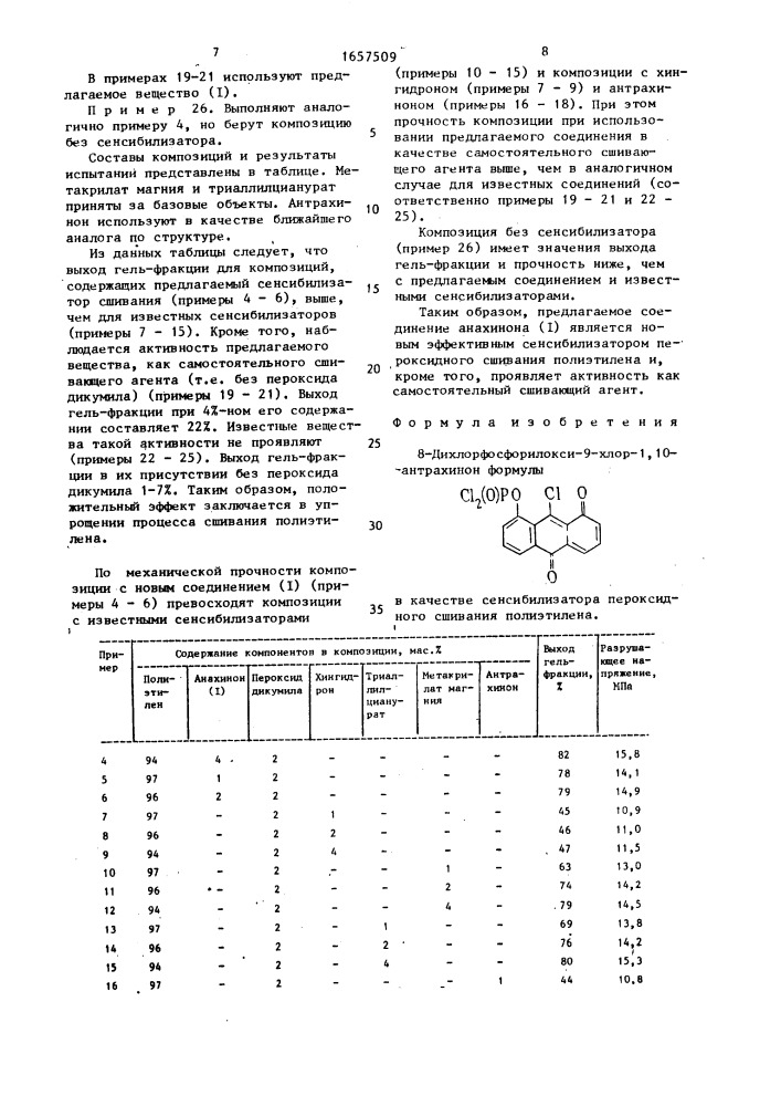 8-дихлорфосфорилокси-9-хлор-1,10-антрахинон в качестве сенсибилизатора пероксидного сшивания полиэтилена (патент 1657509)