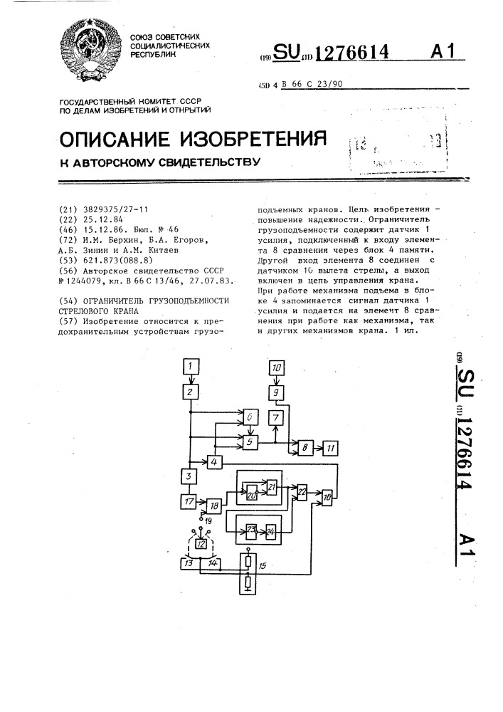 Ограничитель грузоподъемности стрелового крана (патент 1276614)