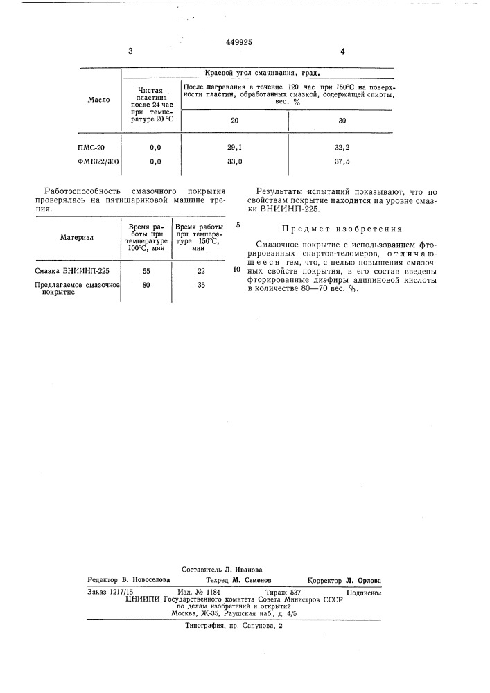 Смазочное покрытие (патент 449925)