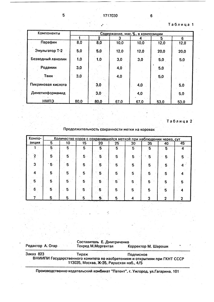 Состав для маркировки животных (патент 1717030)