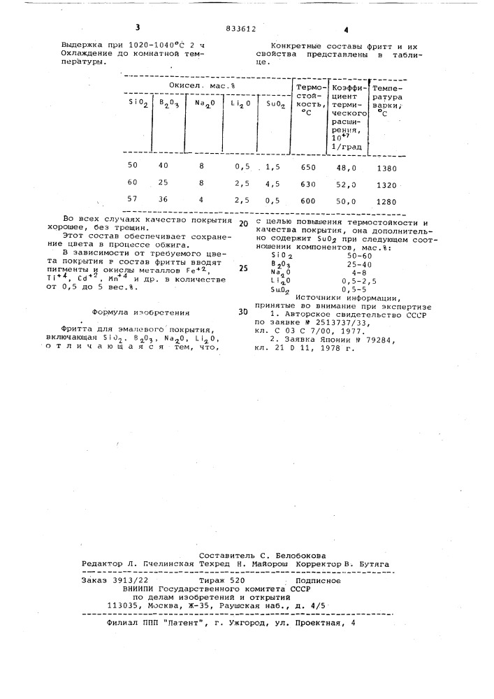 Фритта для эмалевого покрытия (патент 833612)