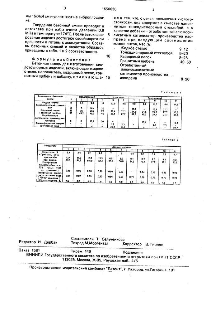 Бетонная смесь для изготовления кислотоупорных изделий (патент 1650636)