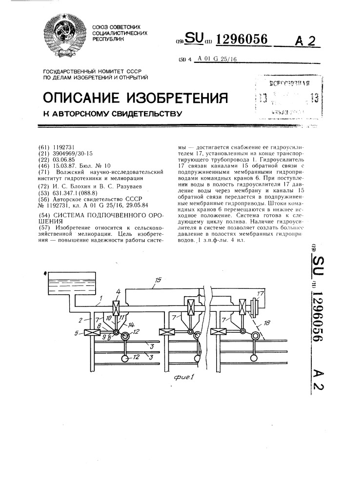 Система подпочвенного орошения (патент 1296056)