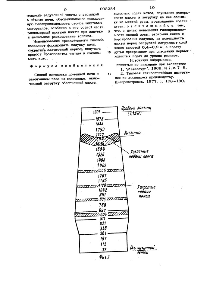 Способ остановки доменной печи с зажиганием газа на колошнике (патент 905284)