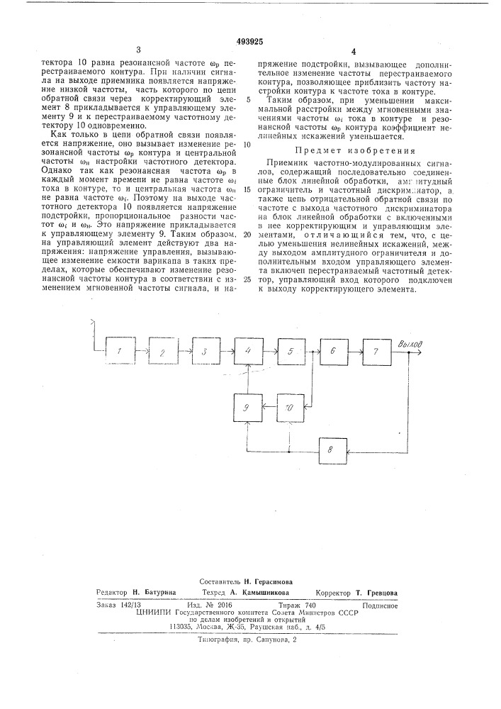 Приемник частотно-модулированных сигналов (патент 493925)