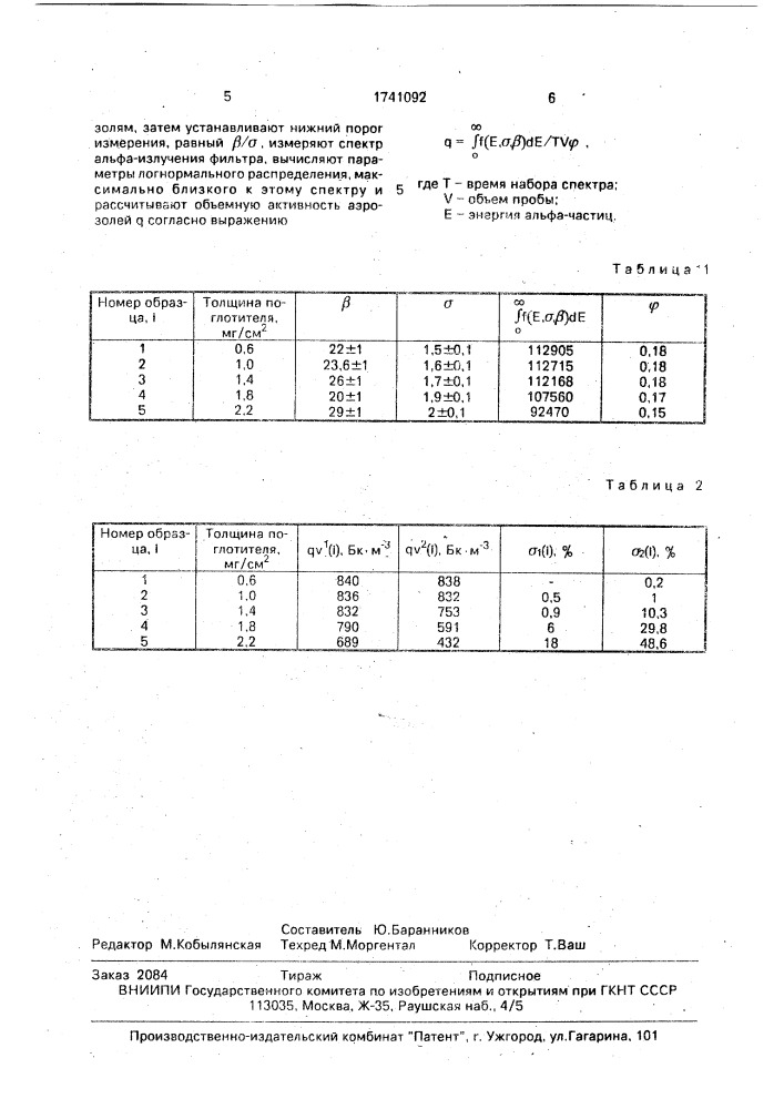 Способ определения объемной активности аэрозолей альфа- излучающих радионуклидов (патент 1741092)