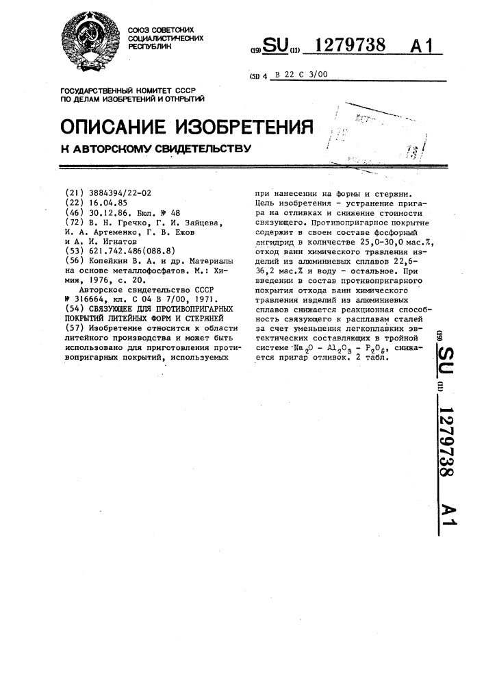 Связующее для противопригарных покрытий литейных форм и стержней (патент 1279738)