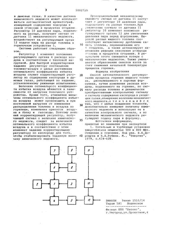 Способ автоматического регулирования процесса горения жидкого топлива (патент 1002729)