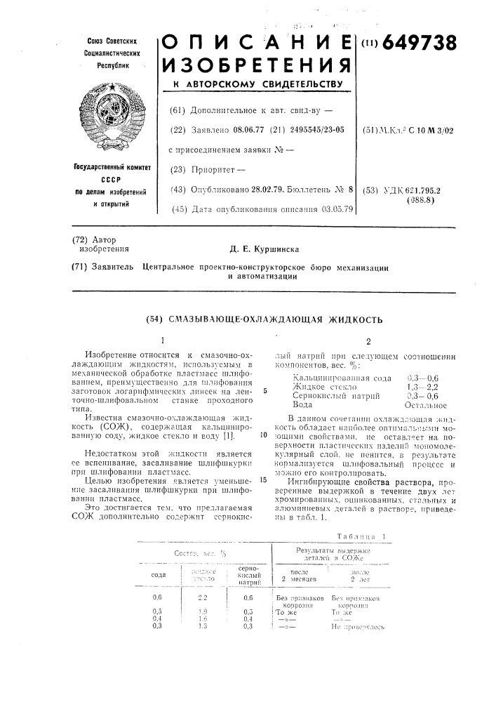 649738 - Смазывающе-охлаждающая жидкость — PatentDB.ru