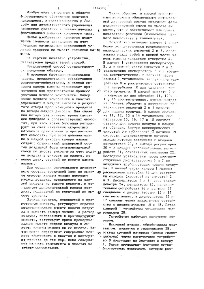 Способ управления процессом флотации в пневматической колонной машине (патент 1314508)