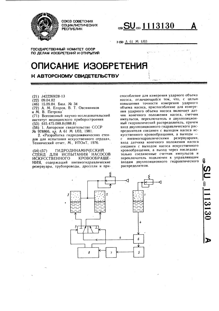 Гидродинамический стенд для испытания насосов искусственного кровообращения (патент 1113130)