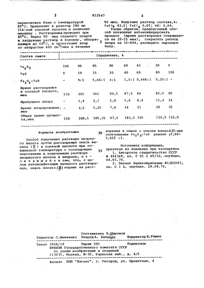 Способ получения раствора хлорногожелеза (патент 833547)