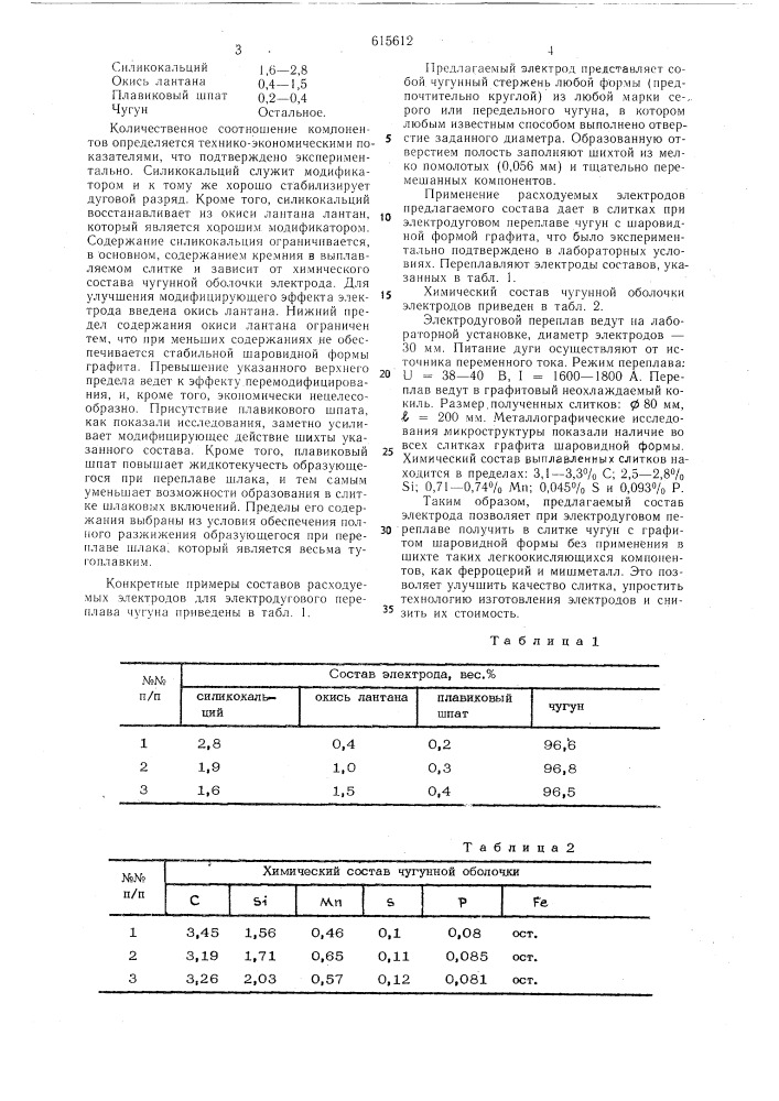 Состав расходуемого электрода для электродугового переплава чугуна (патент 615612)