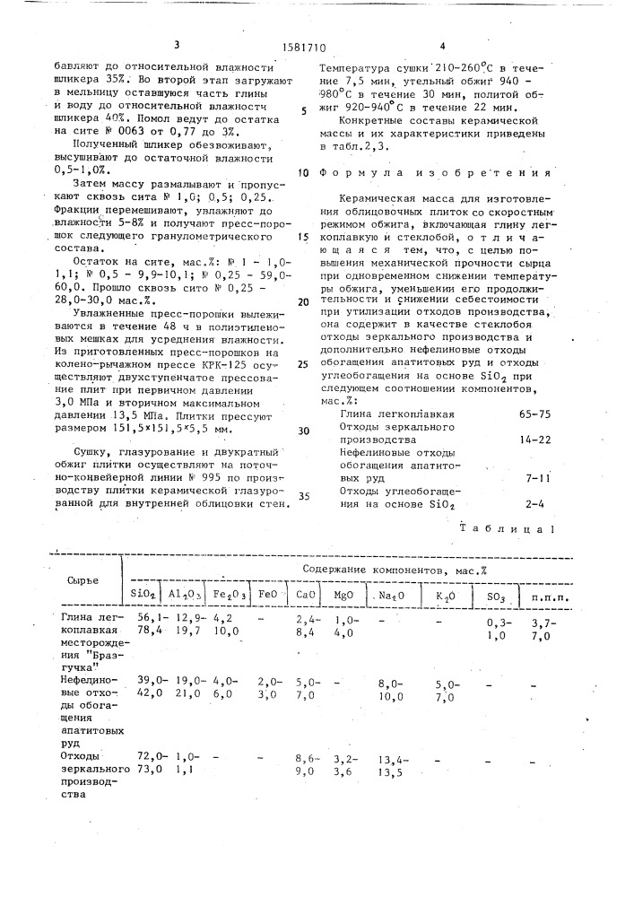 Керамическая масса для изготовления облицовочных плиток со скоростным режимом обжига (патент 1581710)