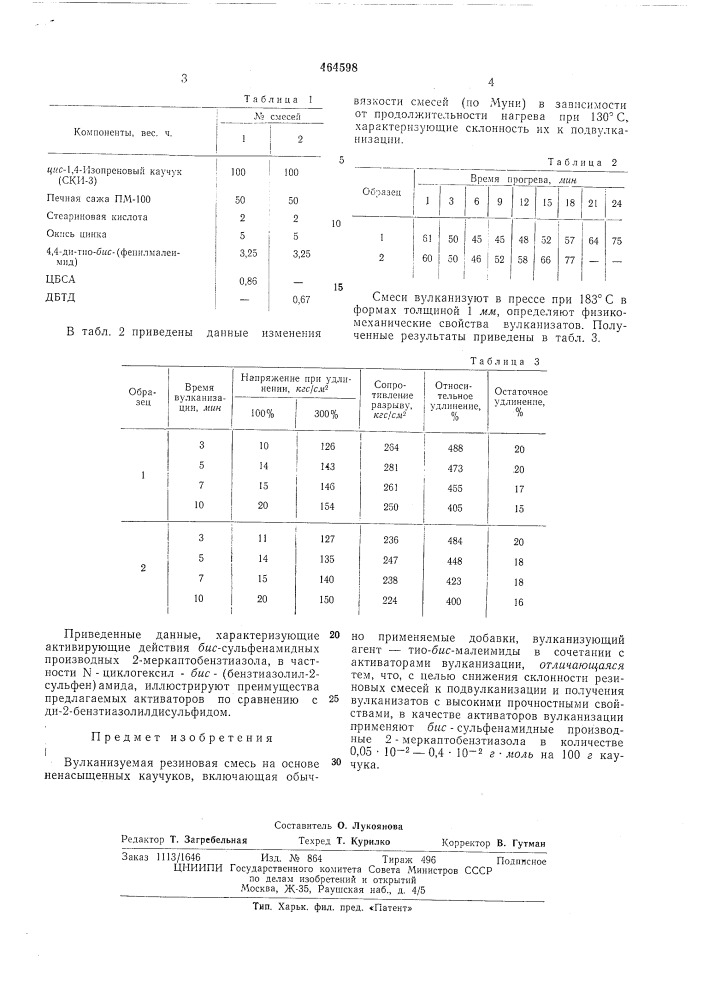 Вулканизуемая резиновая смесь на основе ненасыщенных каучуков (патент 464598)