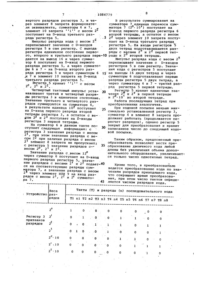 Преобразователь двоичного кода в двоично-десятичный (патент 1084779)