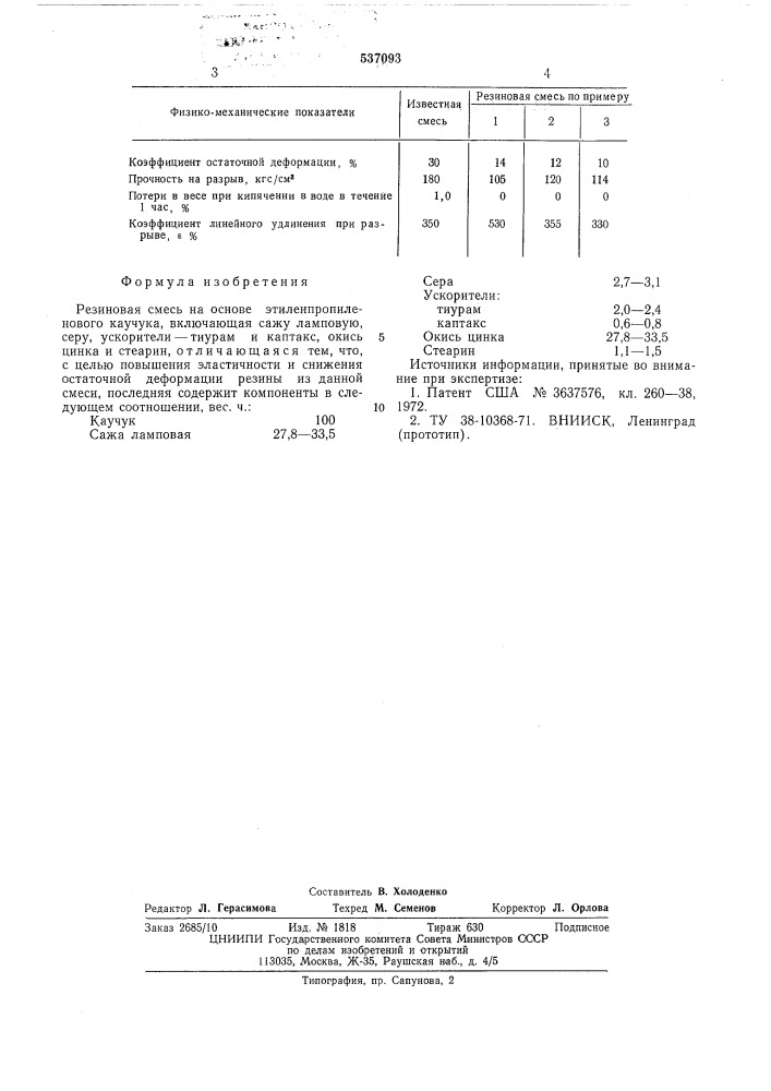 Резиновая смесь на основе этиленпропиленового каучука (патент 537093)