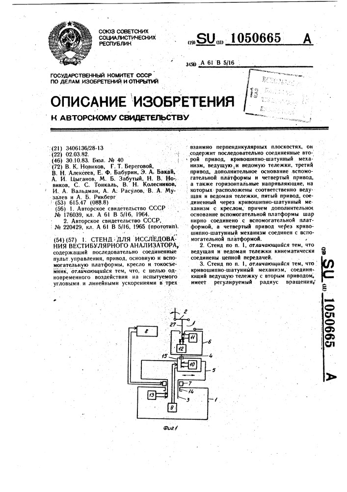 Стенд для исследования вистибулярного анализатора (патент 1050665)