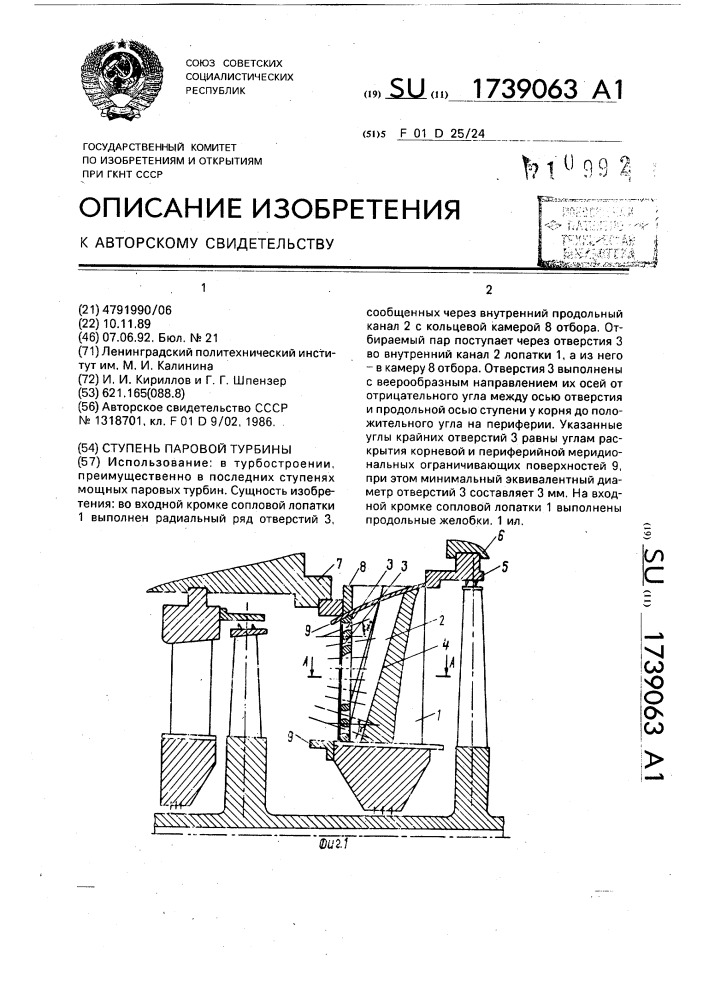 Ступень паровой турбины (патент 1739063)