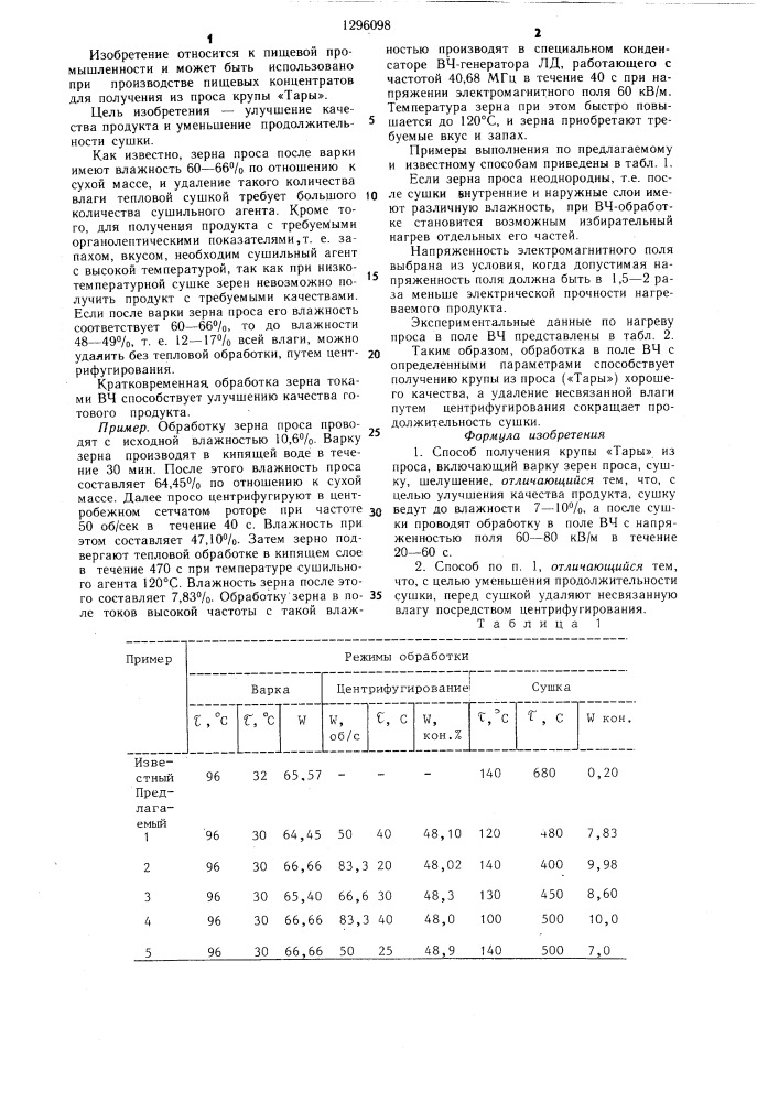 Способ получения крупы "тары" из проса (патент 1296098)