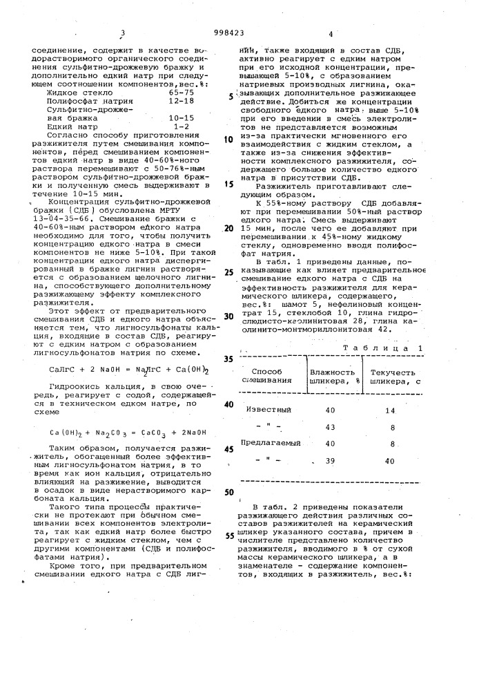 Разжижитель керамического шликера и способ его приготовления (патент 998423)