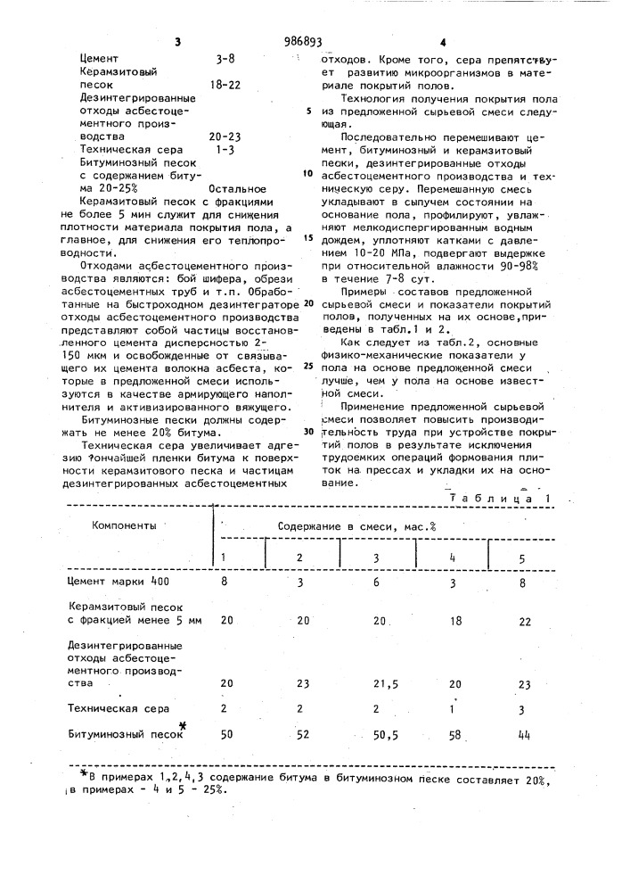 Сырьевая смесь для устройства покрытия пола животноводческих помещений (патент 986893)