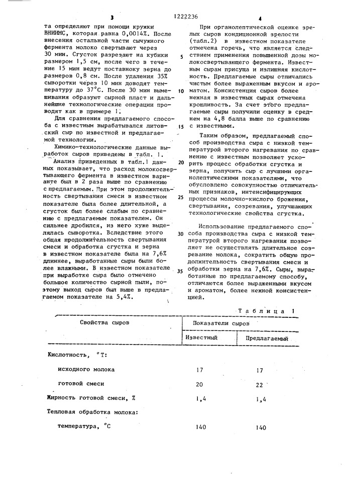 Способ производства сычужного сыра с низкой температурой второго нагревания (патент 1222236)