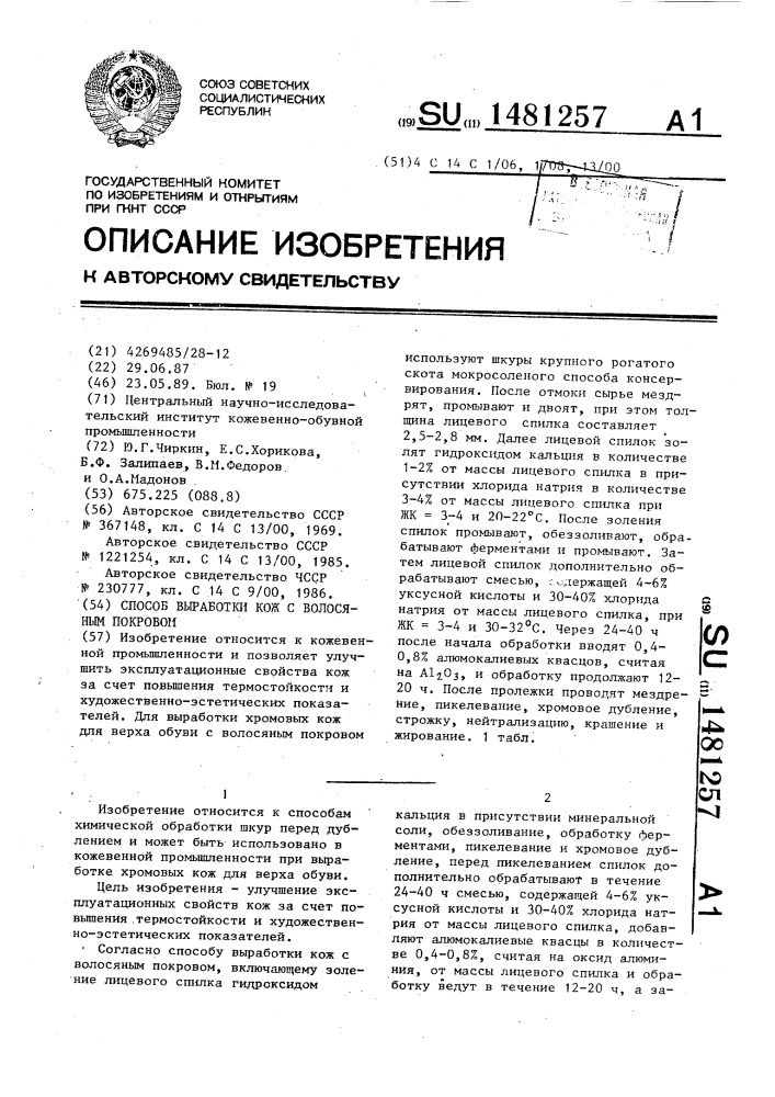 Способ выработки кож с волосяным покровом (патент 1481257)