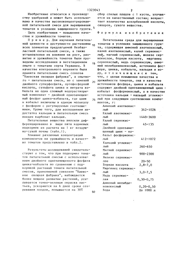 Питательная среда для выращивания томатов в условиях защищенного грунта (патент 1323043)