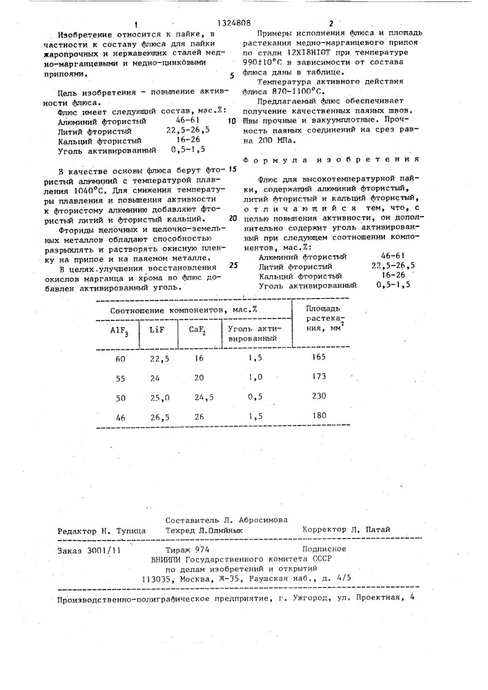 Флюс для высокотемпературной пайки (патент 1324808)
