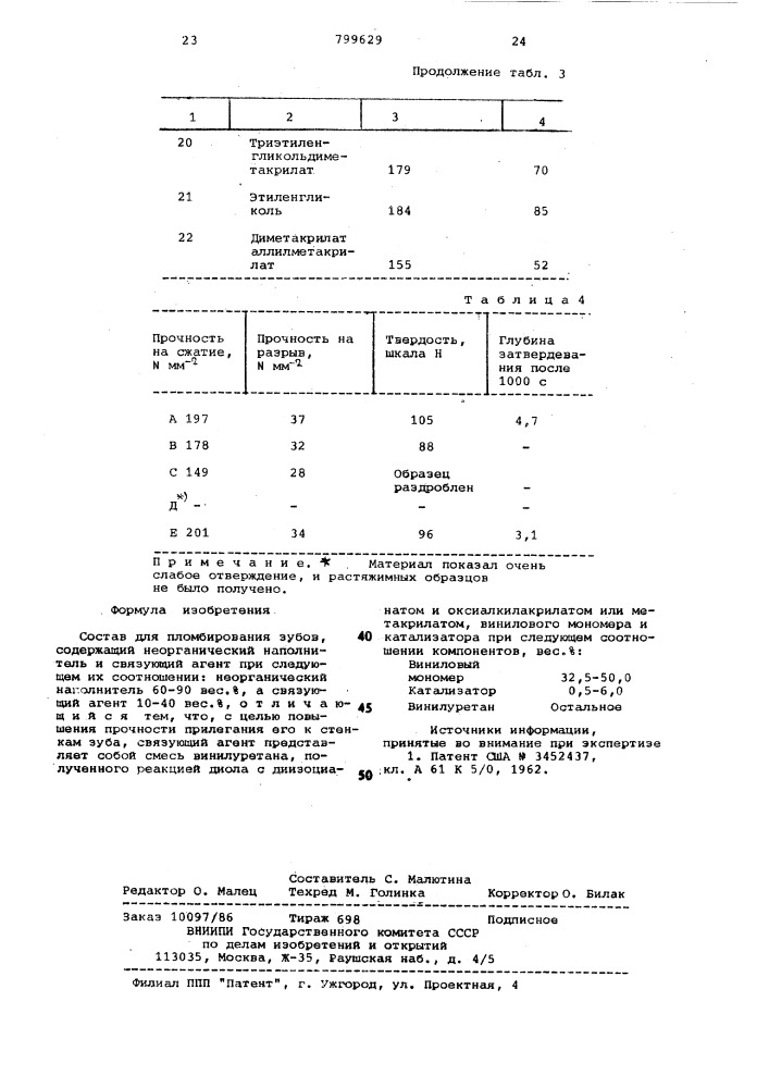 Состав для пломбирования зубов (патент 799629)