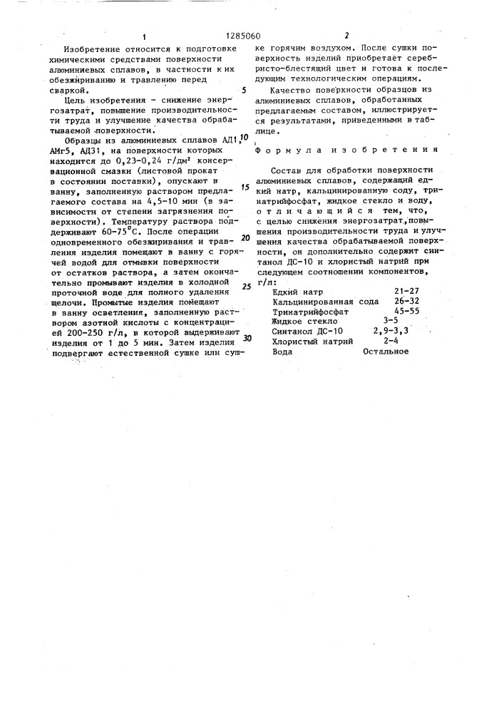 Состав для обработки поверхности алюминиевых сплавов (патент 1285060)