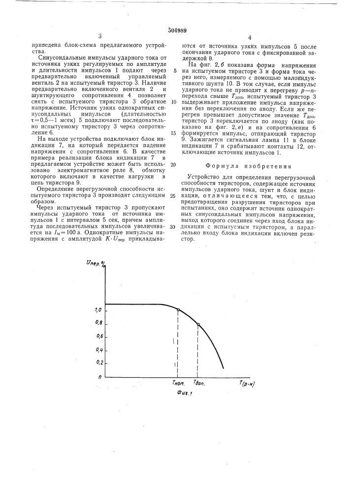 Устройство для определения перегрузочной способности тиристоров (патент 504989)