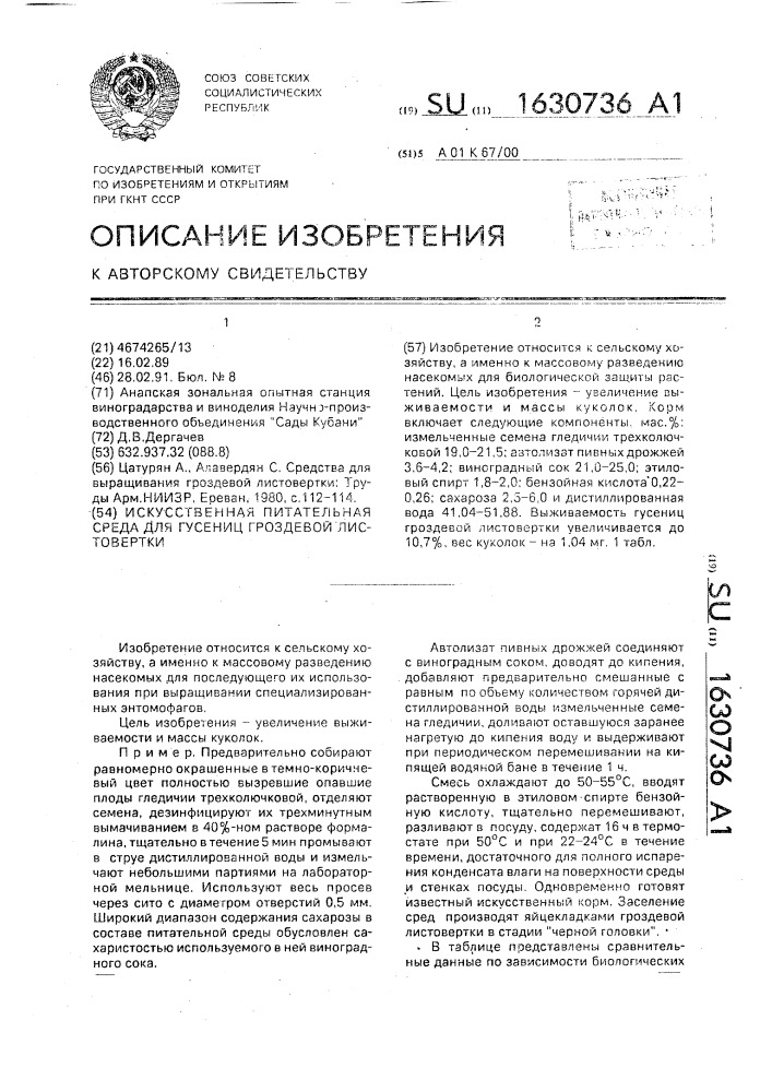 Искусственная питательная среда для гусениц гроздевой листовертки (патент 1630736)