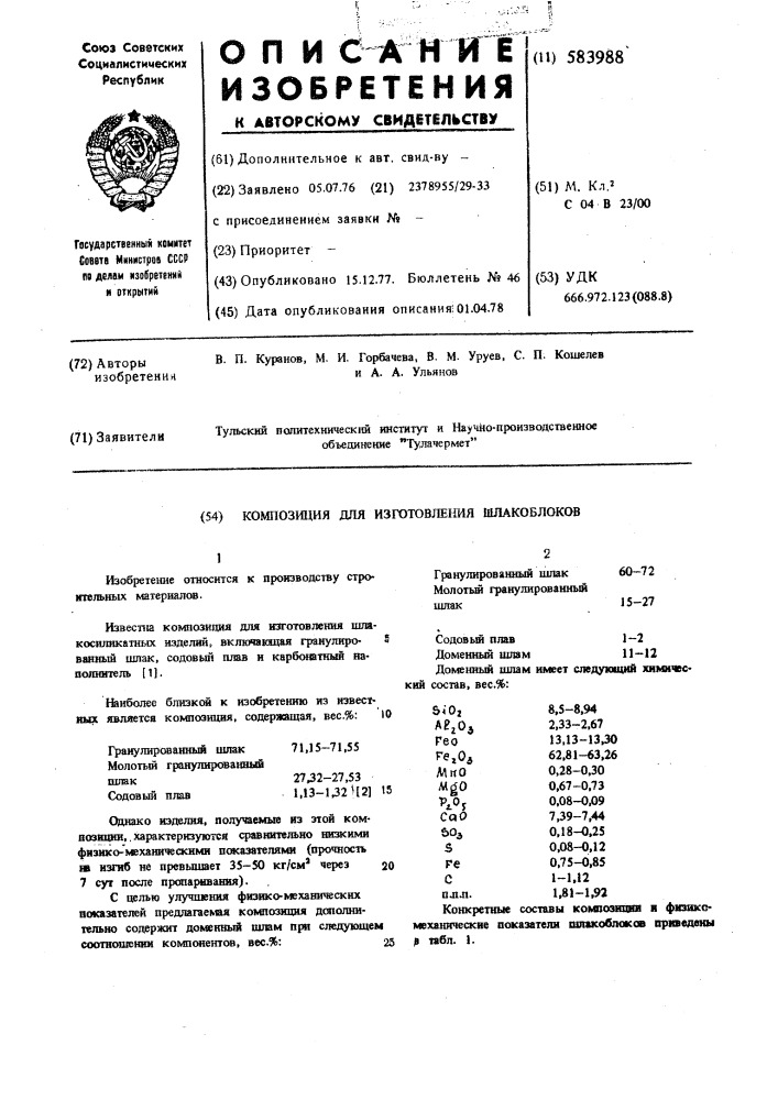 Композиция для изготовления шлакоблоков (патент 583988)