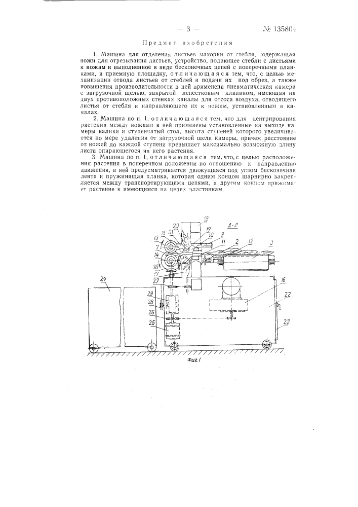 Машина для отделения листьев махорки от стебля (патент 135804)