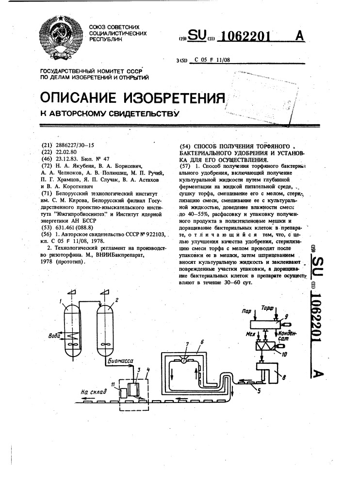 Способ получения торфяного бактериального удобрения и установка для его осуществления (патент 1062201)